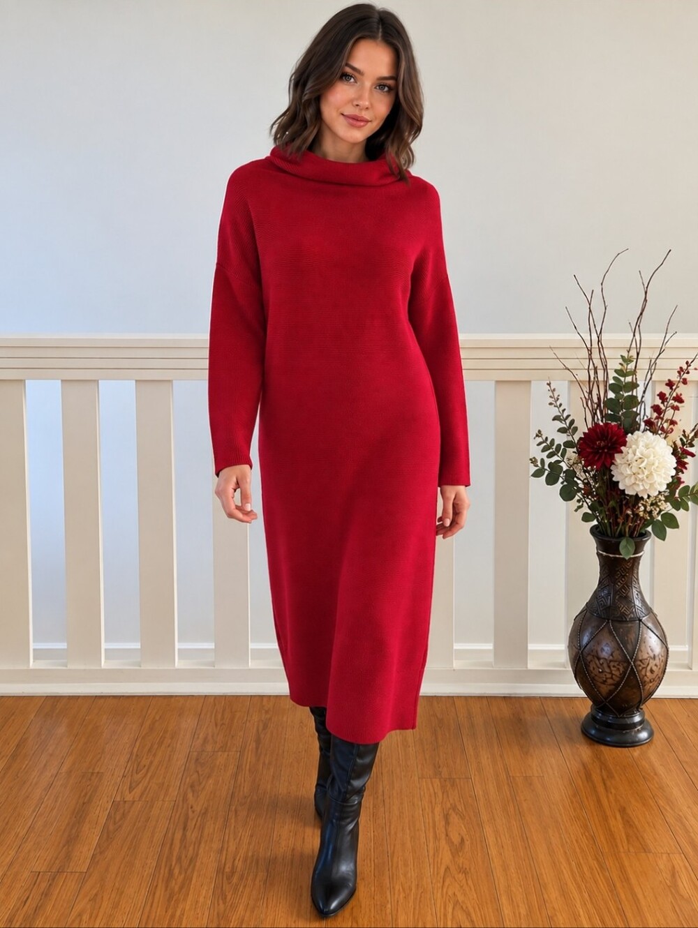 Club Monaco Red Knit Sweater Dress | Quiet Luxury V-Back Cowl Neck